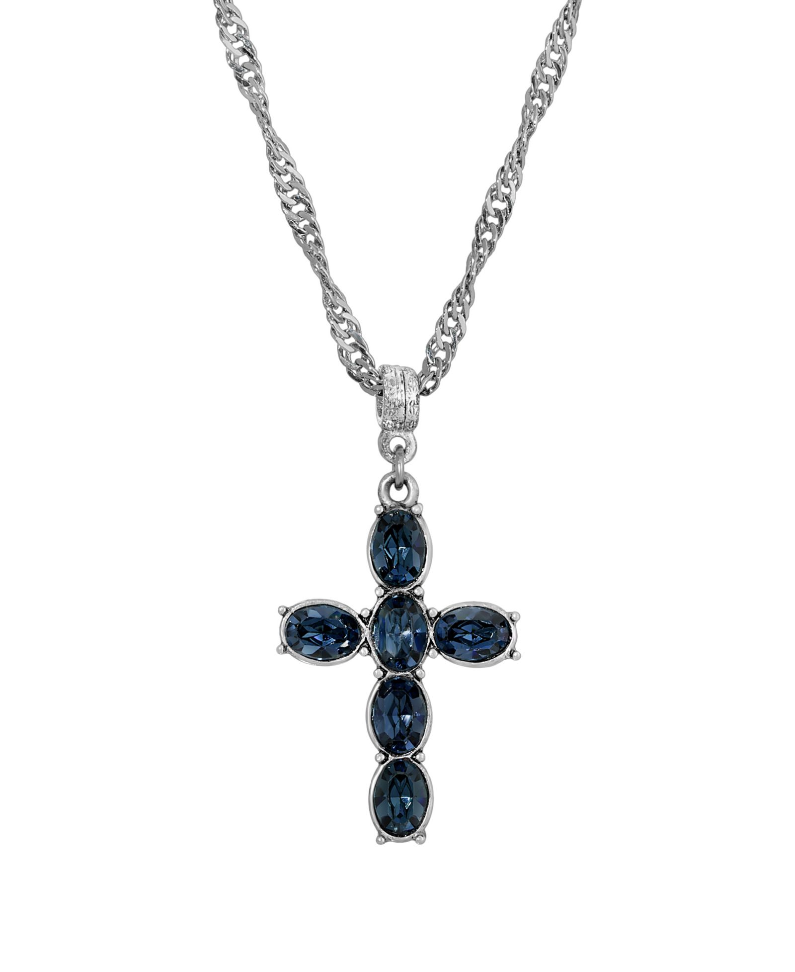 Серебристое колье с кристаллом в виде креста Pewter Blue Crystal Cross Silver-Tone Twisted