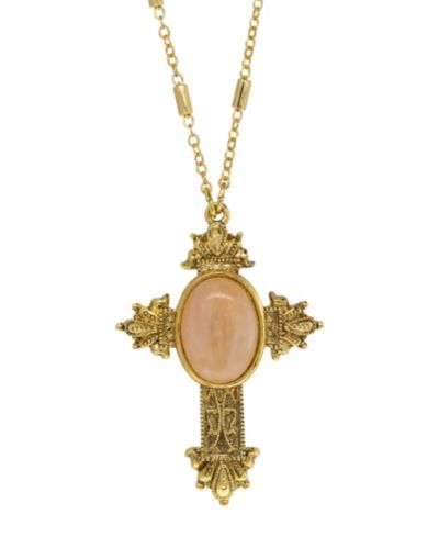 Колье Symbols of Faith 14K Gold Dipped Oval Semi Precious Genuine Rose Quartz Cross