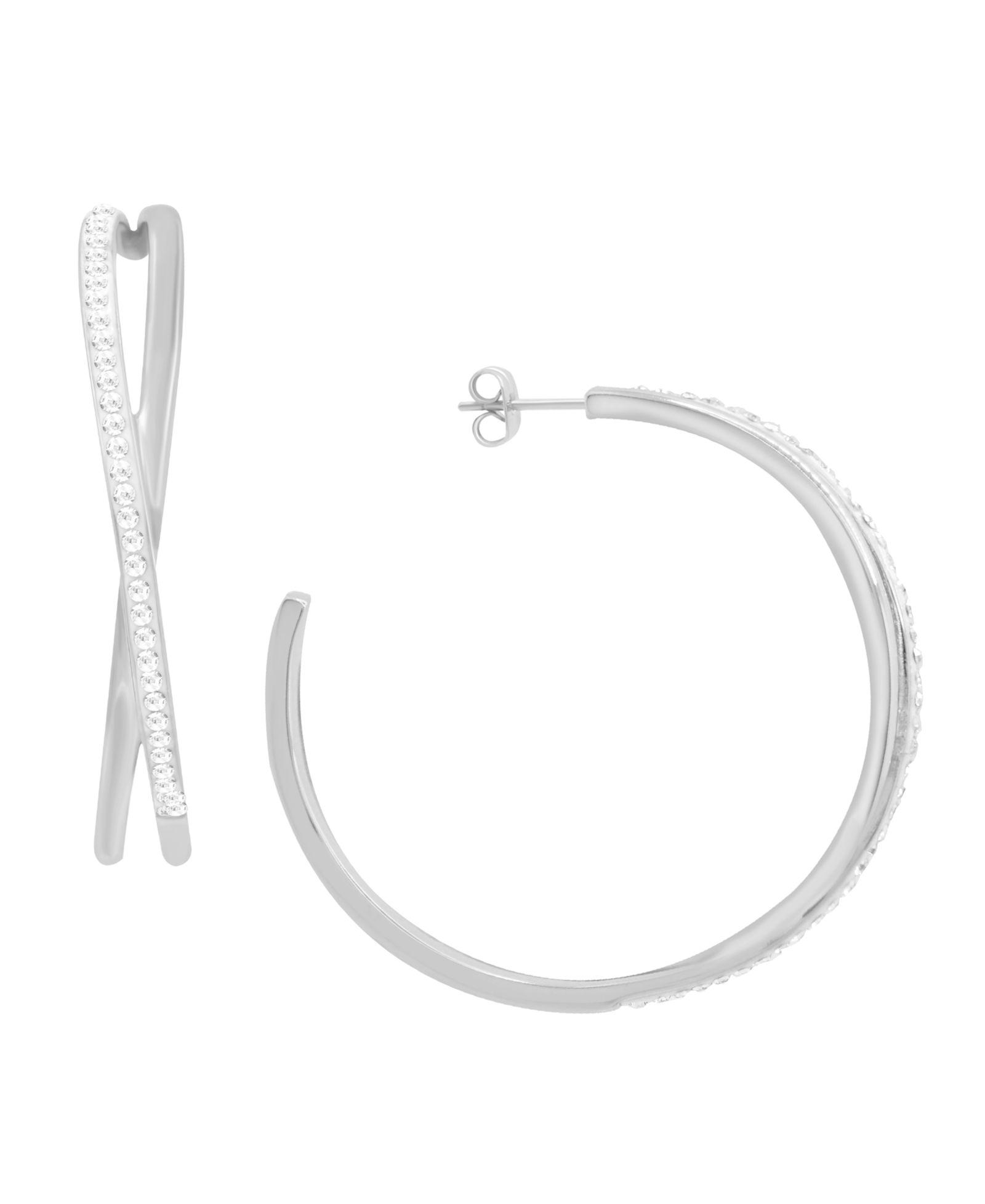 And Now This серьги-кольца Criss Cross Clear Crystal C Hoop, Gold Plate и Silver Plate