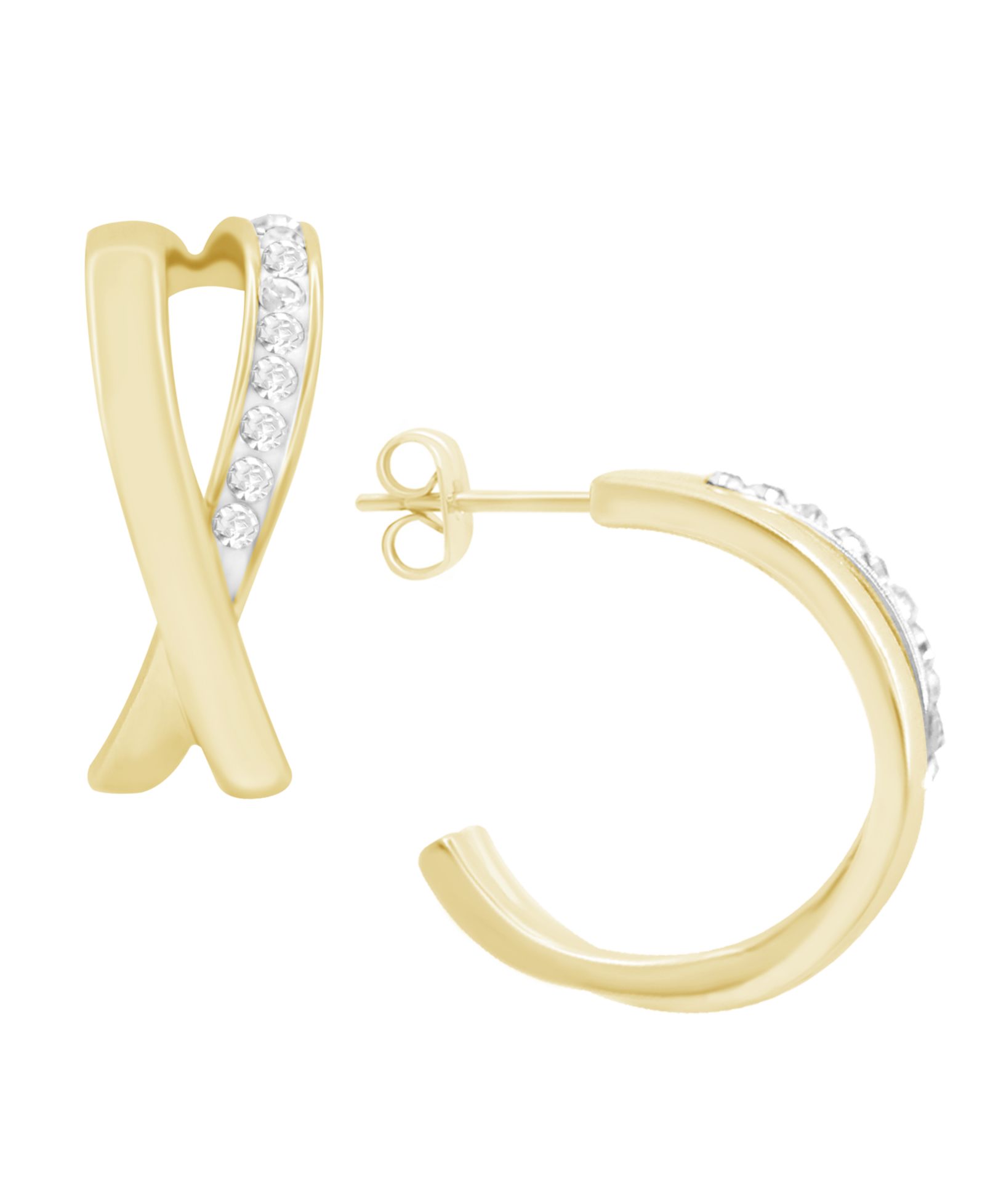 Серьги Essentials High Polished Clear Crystal Cross Over C Hoop, Gold Plate и Silver Plate