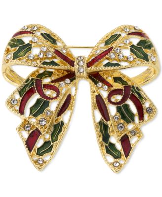 Holiday Lane Gold-Tone Pavé & Holly Bow Pin, Created for Macy's