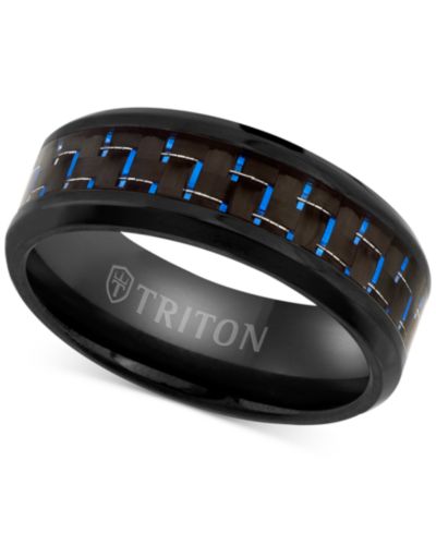 Triton Men's Blue Carbon Fiber Inlay Comfort Fit Band in Black Titanium