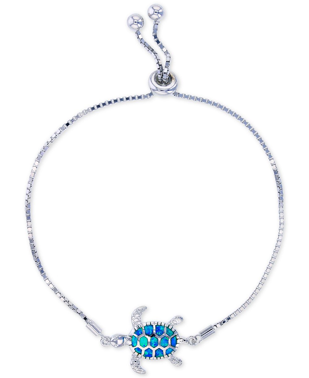 Lab-Created Blue Opal Turtle Bolo Bracelet in Sterling Silver