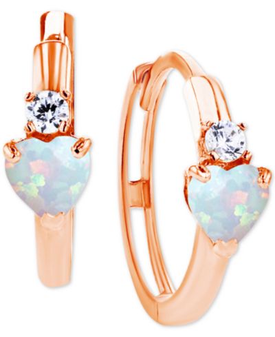 Lab-Grown Opal (1/5 ct. t.w.) & Lab-Grown White Sapphire (1/10 ct. t.w.) Heart Small Hoop Earrings, 0.5"