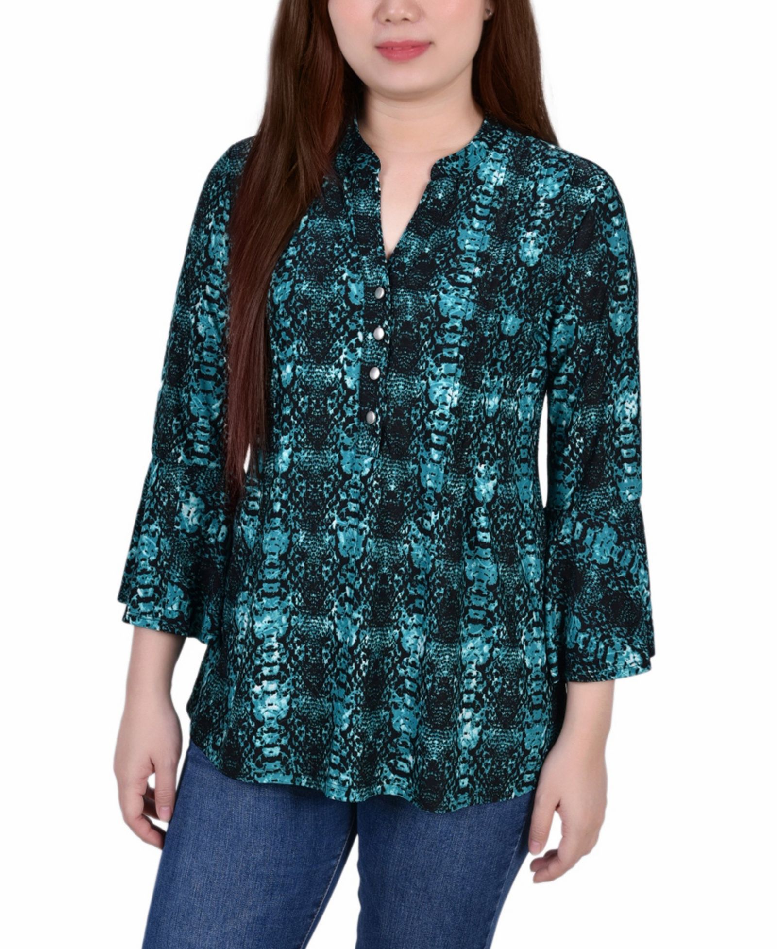 Women's 3/4 Bell Sleeve Pleat Front Y-neck Top