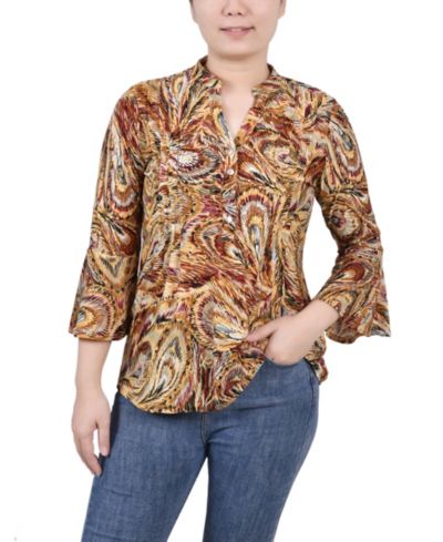 Women's 3/4 Bell Sleeve Pleat Front Y-neck Top