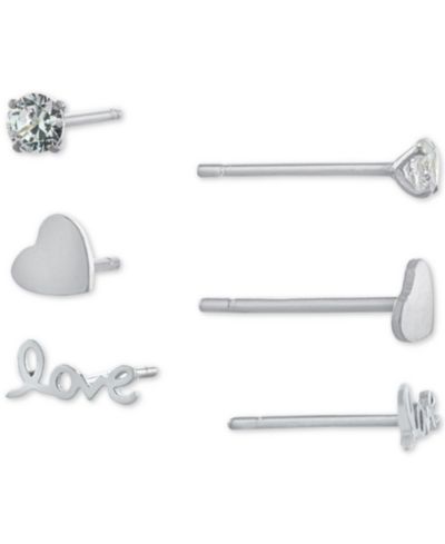 Серьги-гвоздики Giani Bernini 3-Pc. Set Cubic Zirconia & Love-Themed в Sterling Silver
