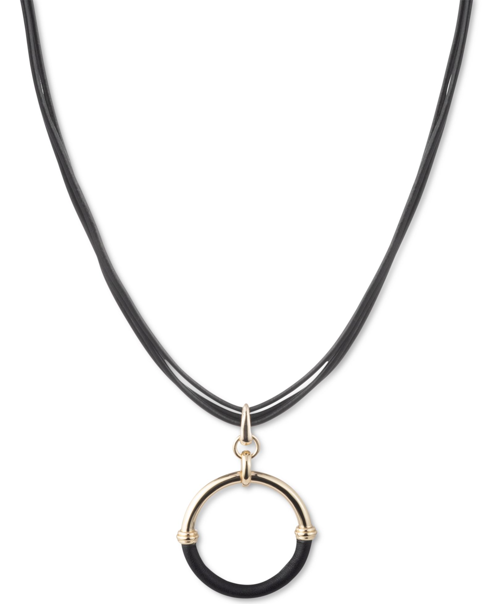 Lauren Ralph Lauren Gold-Tone & Leather Ring Triple-Cord Pendant Necklace, 16" + 3" extender