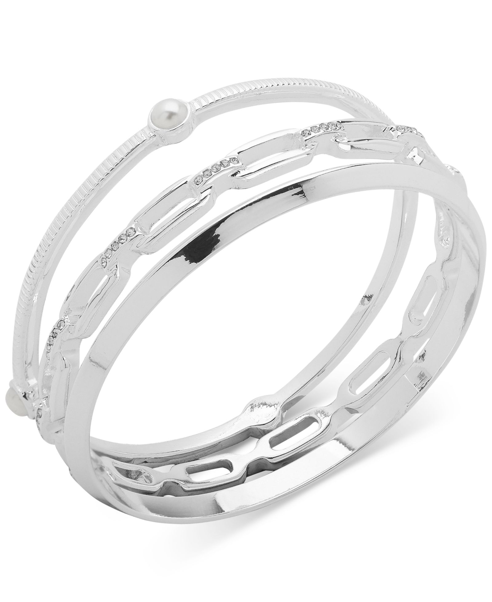 Anne Klein Silver-Tone 3-Pc. Set Crystal & Imitation Pearl Bangle Bracelets
