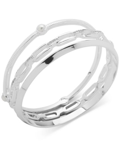 Anne Klein Silver-Tone 3-Pc. Set Crystal & Imitation Pearl Bangle Bracelets