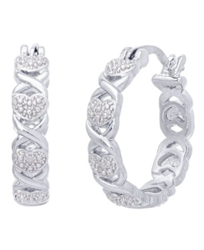 Diamond Accent 'X'  Heart Small Hoop Earrings in Silver Plate