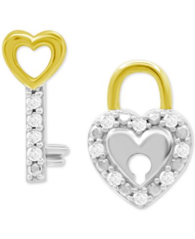 Серьги-гвоздики Diamond Lock & Key Mismatch из стерлингового серебра и позолоченного 14k золота