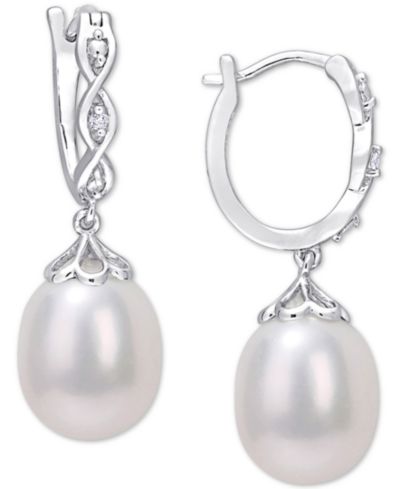 Cultured Freshwater Pearl (8mm) & Diamond Accent Dangle Hoop Earrings in Sterling Silver