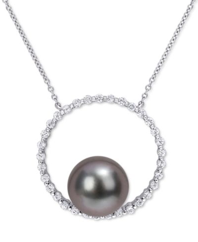 Подвеска с черным культивированным таитянским жемчугом (9-1/2mm), круг, 17" в белом золоте 10k