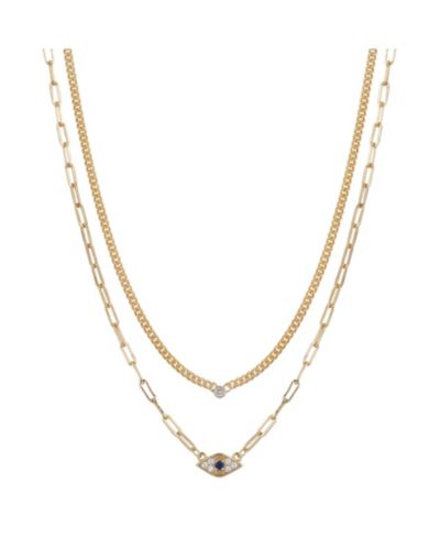 Gold Flash Plated Cubic Zirconia Evil Eye Layered Necklace, 16+2" Extender