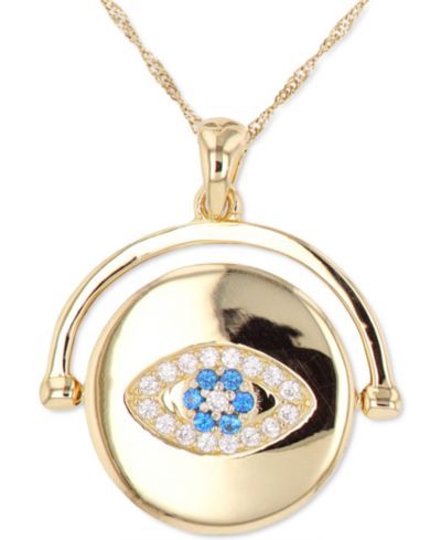 Подвеска Macy's Lab-Grown Blue Spinel (1/8 ct. t.w.) Cubic Zirconia Evil Eye Disc in 14k Gold-Plated Sterling Silver, 18" + 2" extender