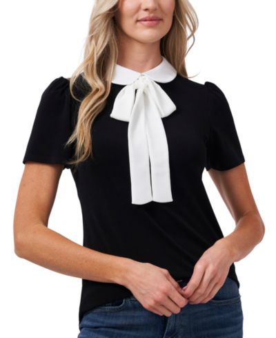 Женский трикотажный топ CeCe Short Sleeve Collared Bow Neck
