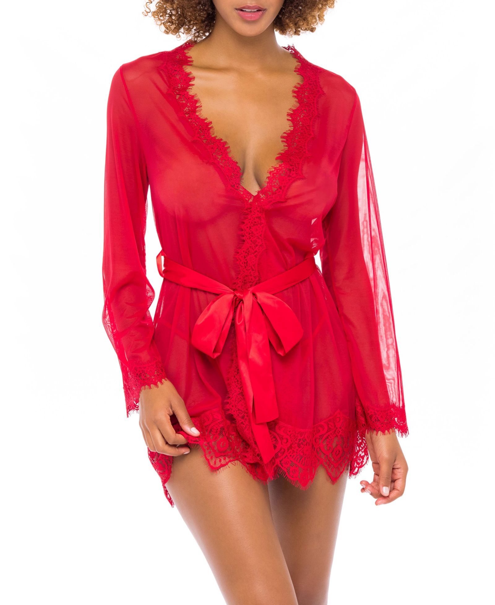 Oh La La Cheri Provence Sheer Eyelash Lace Robe with Sash and G-String Panty