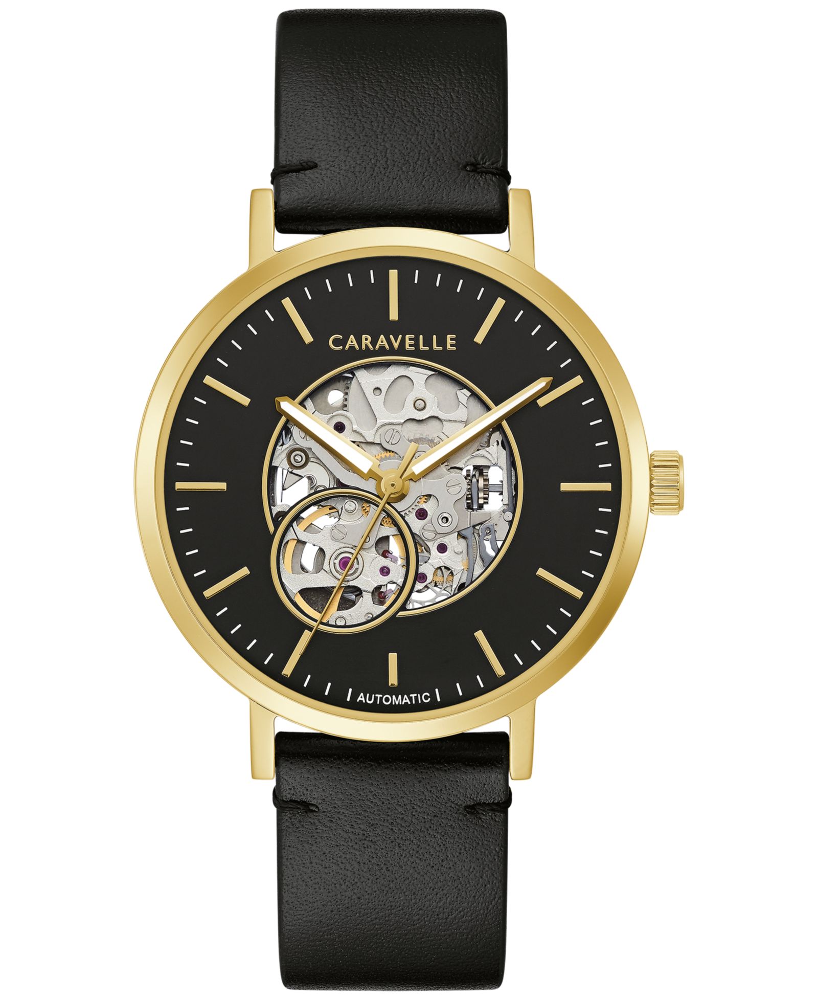 Caravelle Designed by Bulova Men's Automatic Black Leather Strap Watch 39.5mm