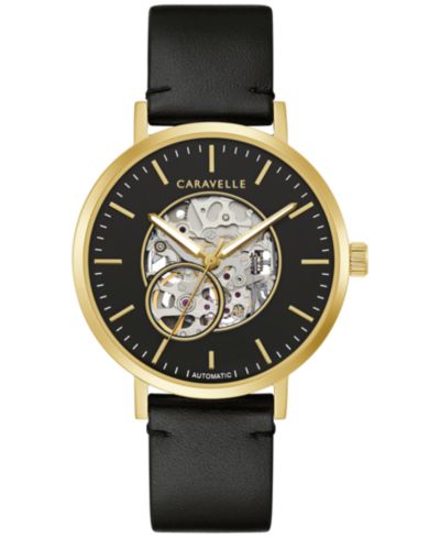 Мужские автоматические часы Caravelle Designed by Bulova, черный кожаный ремешок, 39.5mm