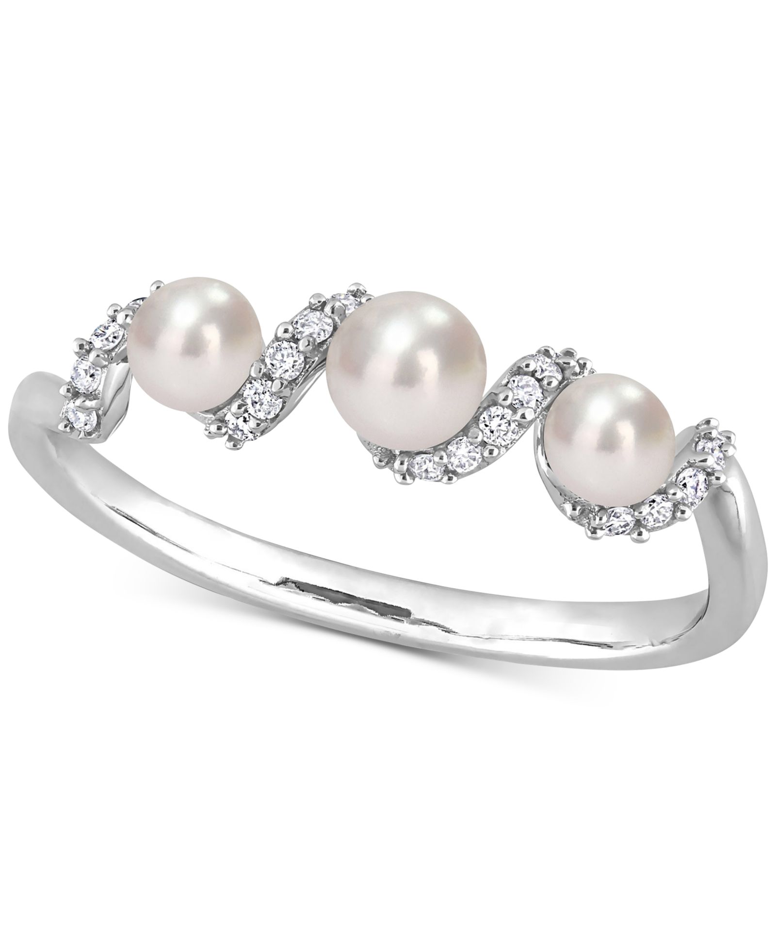 Кольцо Swirl из белого золота 14k с натуральным жемчугом (3-4mm) и бриллиантами (1/10 ct. t.w.)