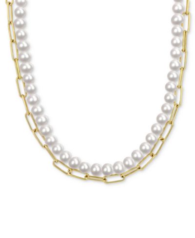 Ожерелье M&C Cultured Freshwater Pearl (7-7-1/2mm) & Paperclip Link Layered 18" Statement в 18k Gold-Plated Sterling Silver