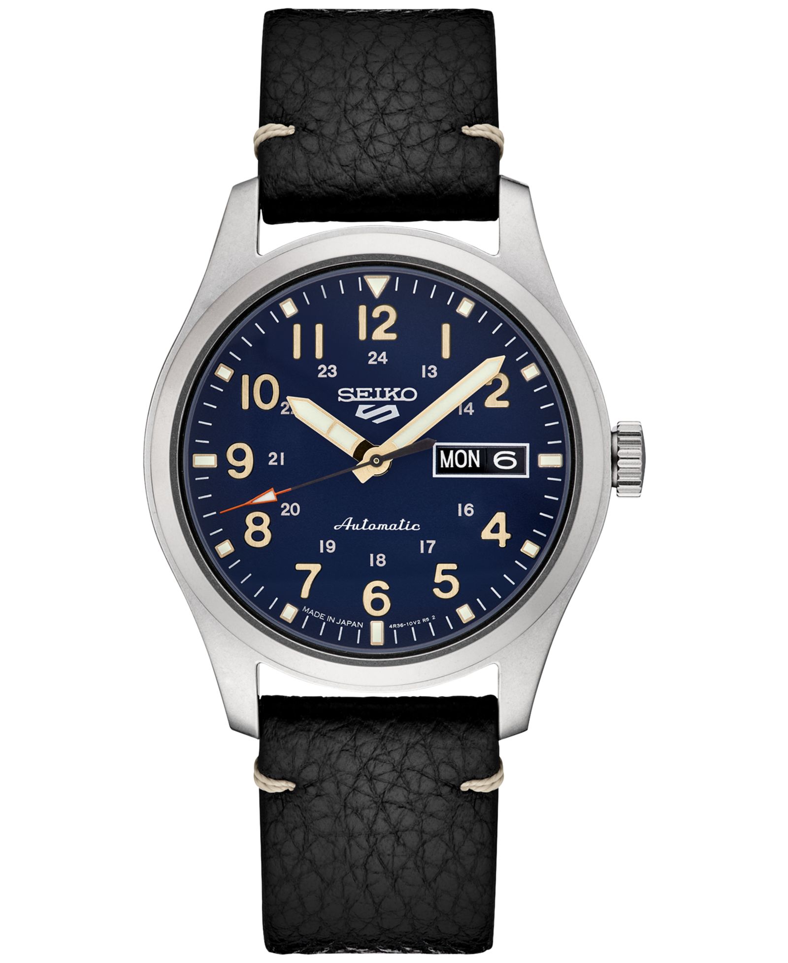 Seiko Men's Automatic 5 Sports Black Leather Strap Watch 43mm