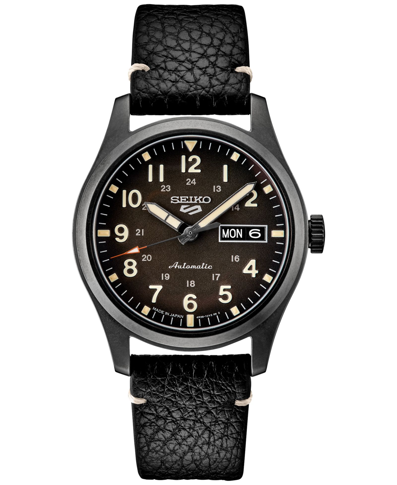 Seiko Мужские автоматические часы 5 Sports Black Leather Strap 43mm