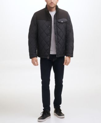Cole Haan Men's Mixed Media Diamond Quilt with Faux Sherpa Lining Coat