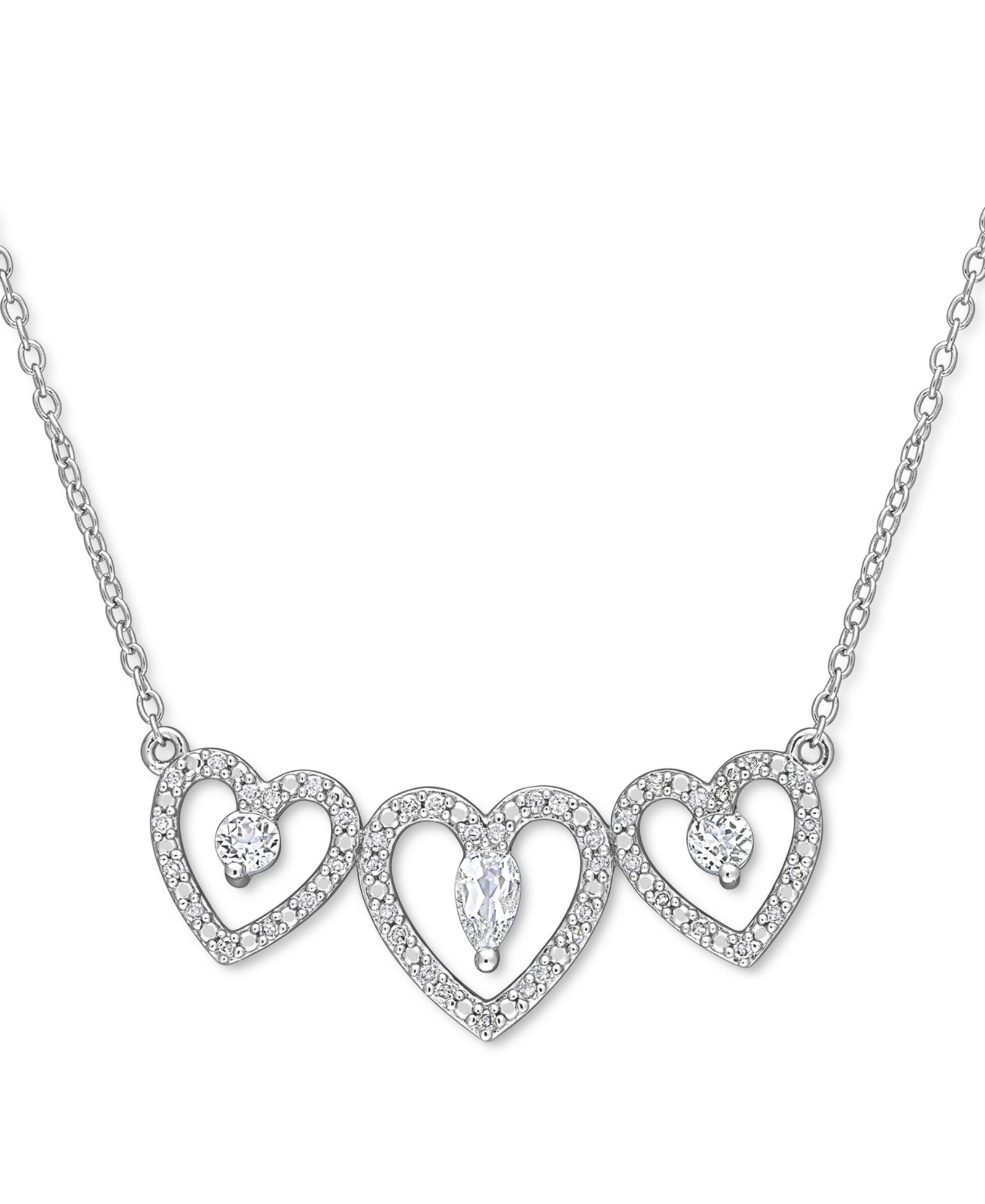 Macy's ожерелье Statement Triple Heart, серебро Sterling Silver, White Topaz и Diamond
