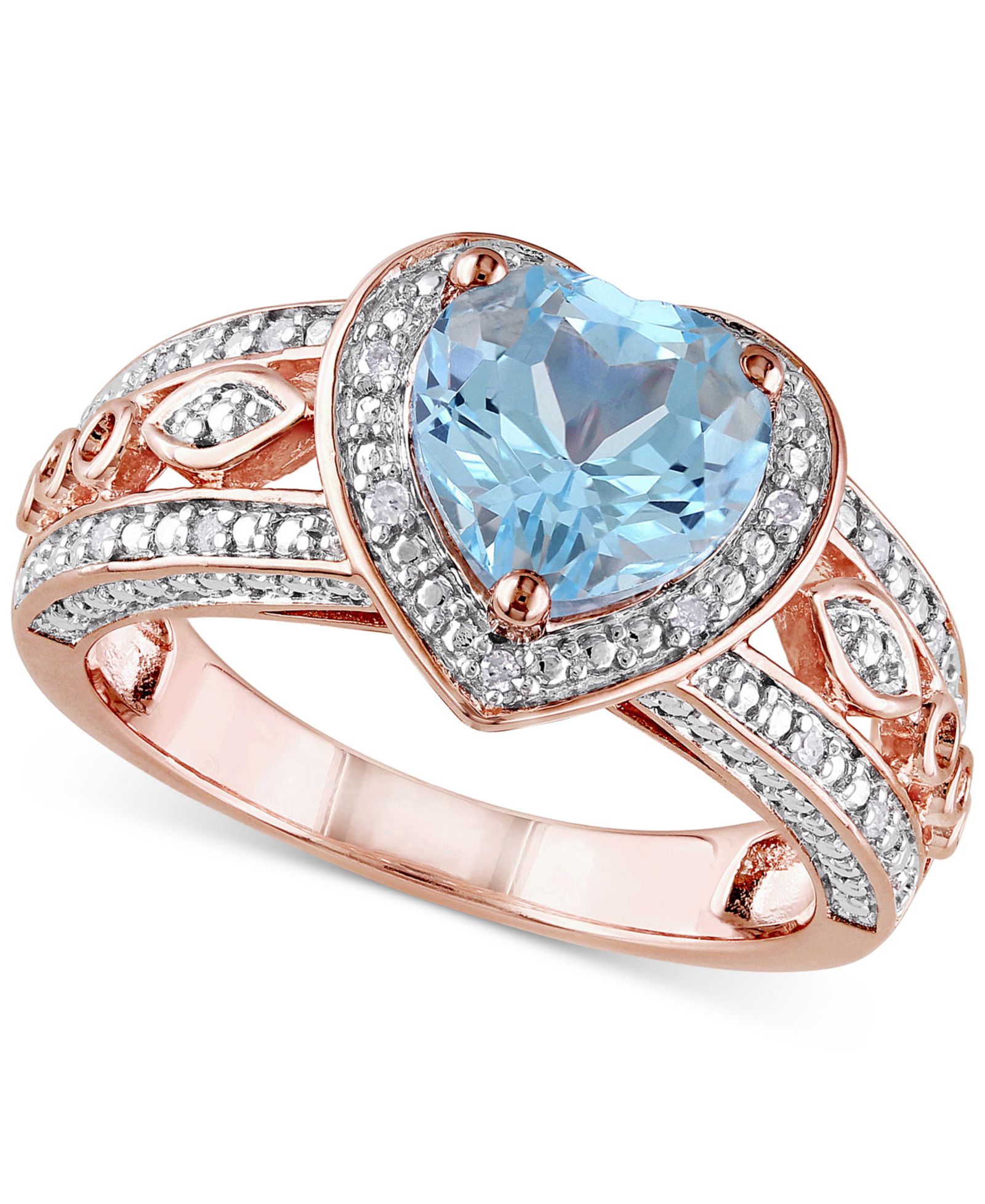 Кольцо с Blue Topaz (2 ct. t.w.) и Diamond (1/10 ct. t.w.) в форме сердца из Sterling Silver с покрытием 18k Rose Gold-Plated