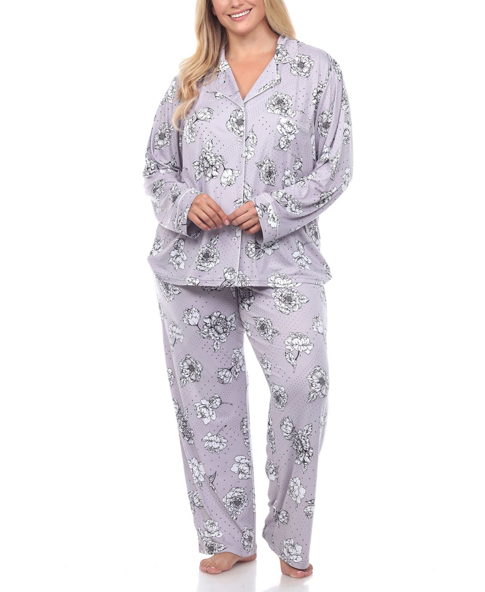 White Mark Plus Size Long Sleeve Floral Pajama Set, 2-Piece