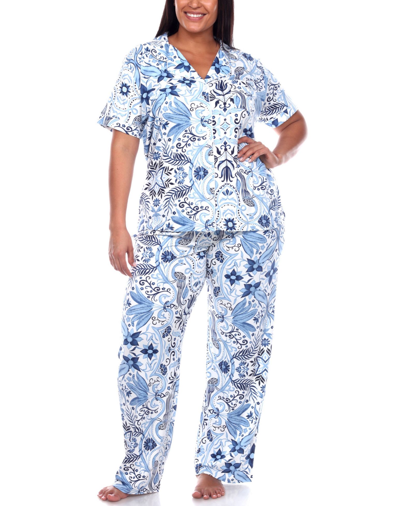 White Mark Plus Size Short Sleeve Pants Tropical Pajama Set, 2-Piece