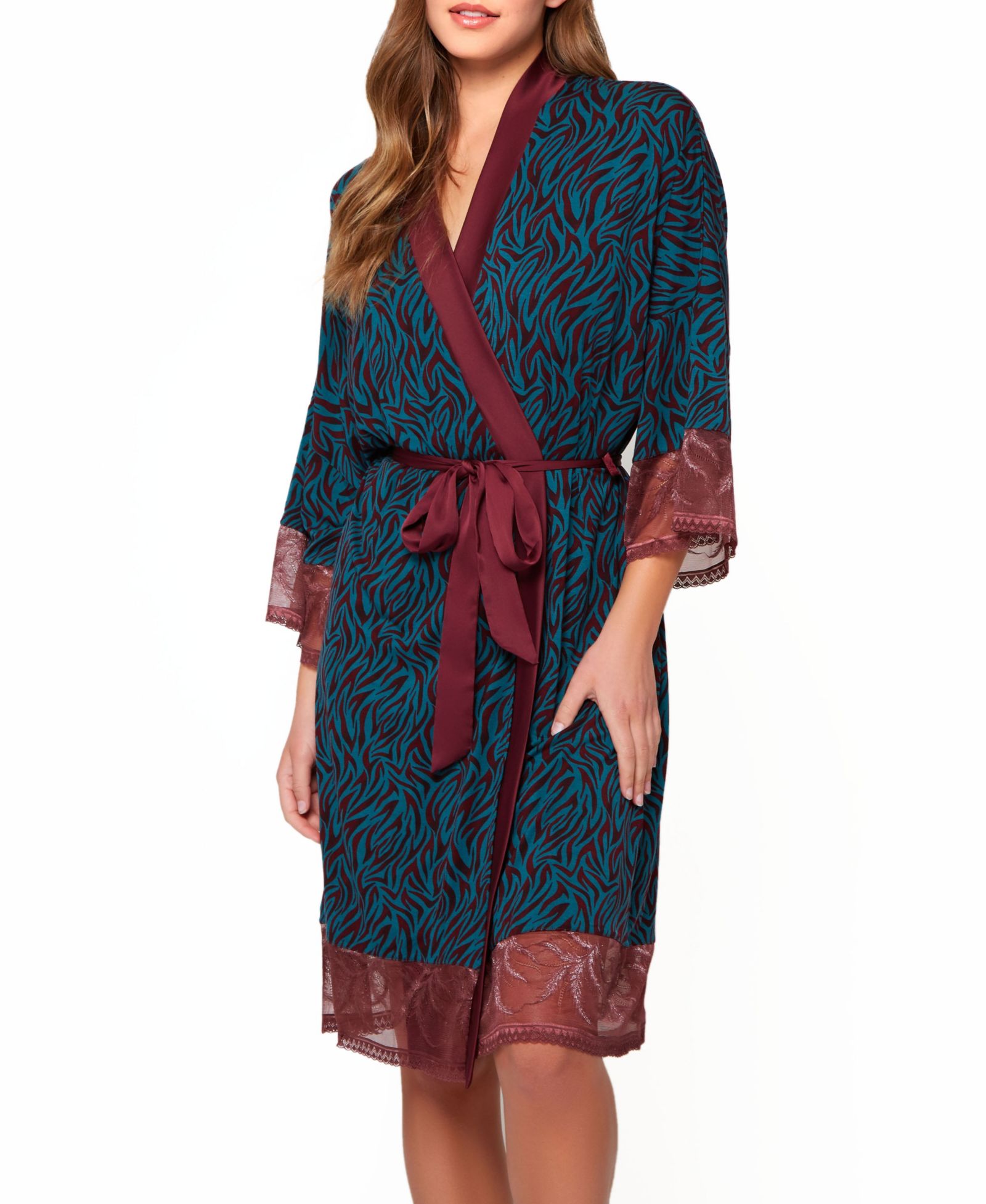 Women's Zebra Patterned Robe with Lace Detail and Removable Waist Tie
