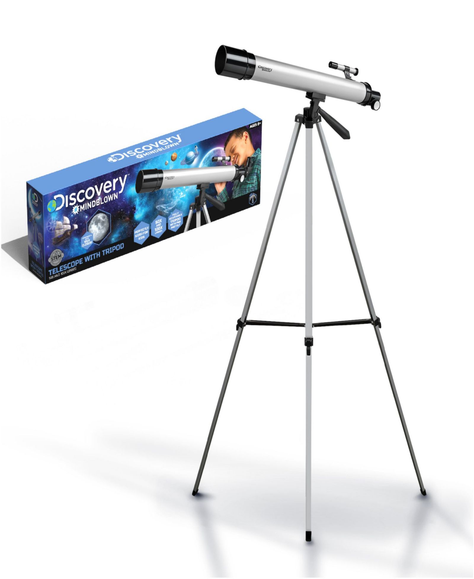 Discovery #Mindblown Telescope with 50X and 100X Lenses, Adjustable Tripod, 7-Piece Set, Ages 8+