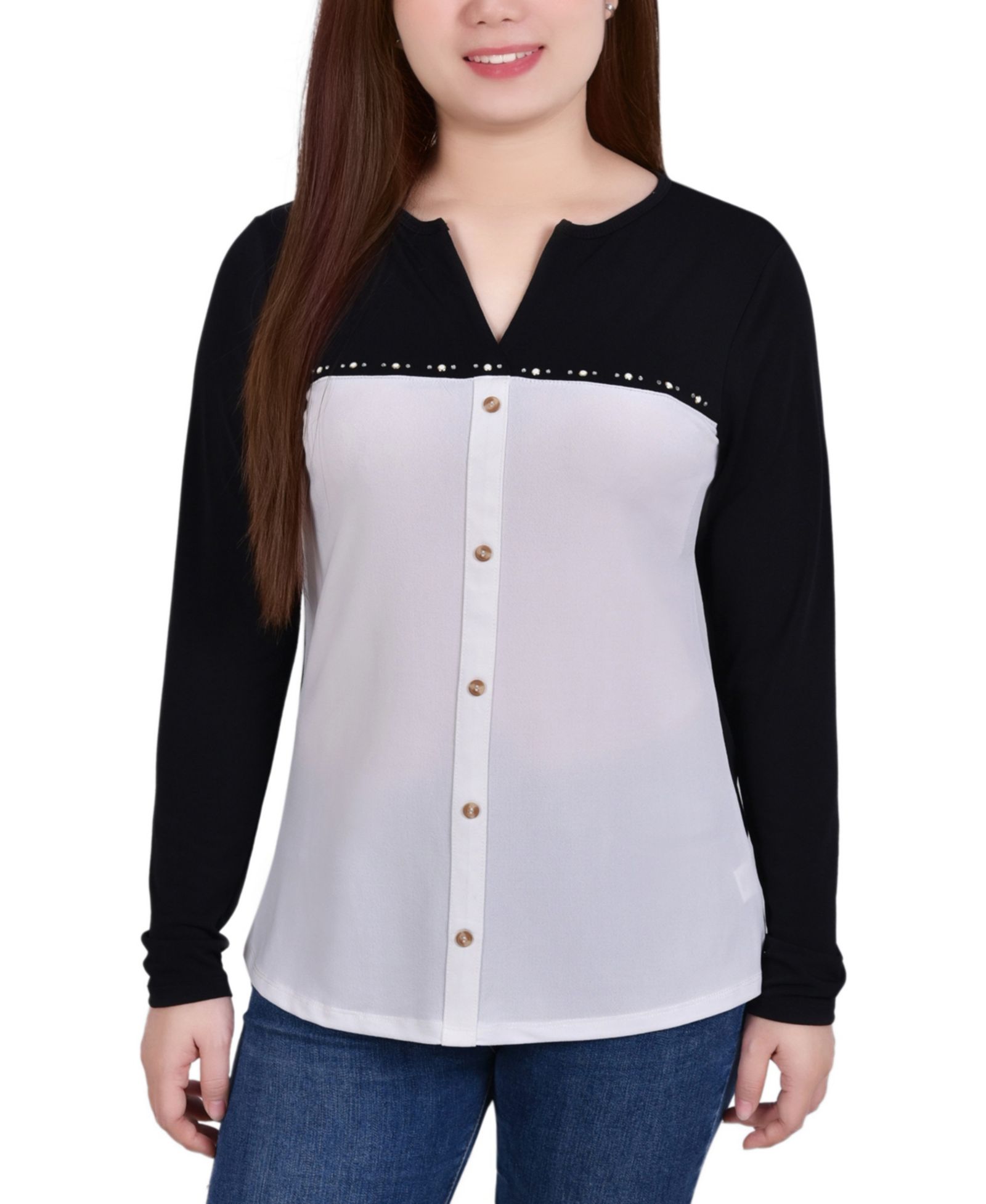 NY Collection Petite Long Sleeve Studded Colorblocked Split Neck Top