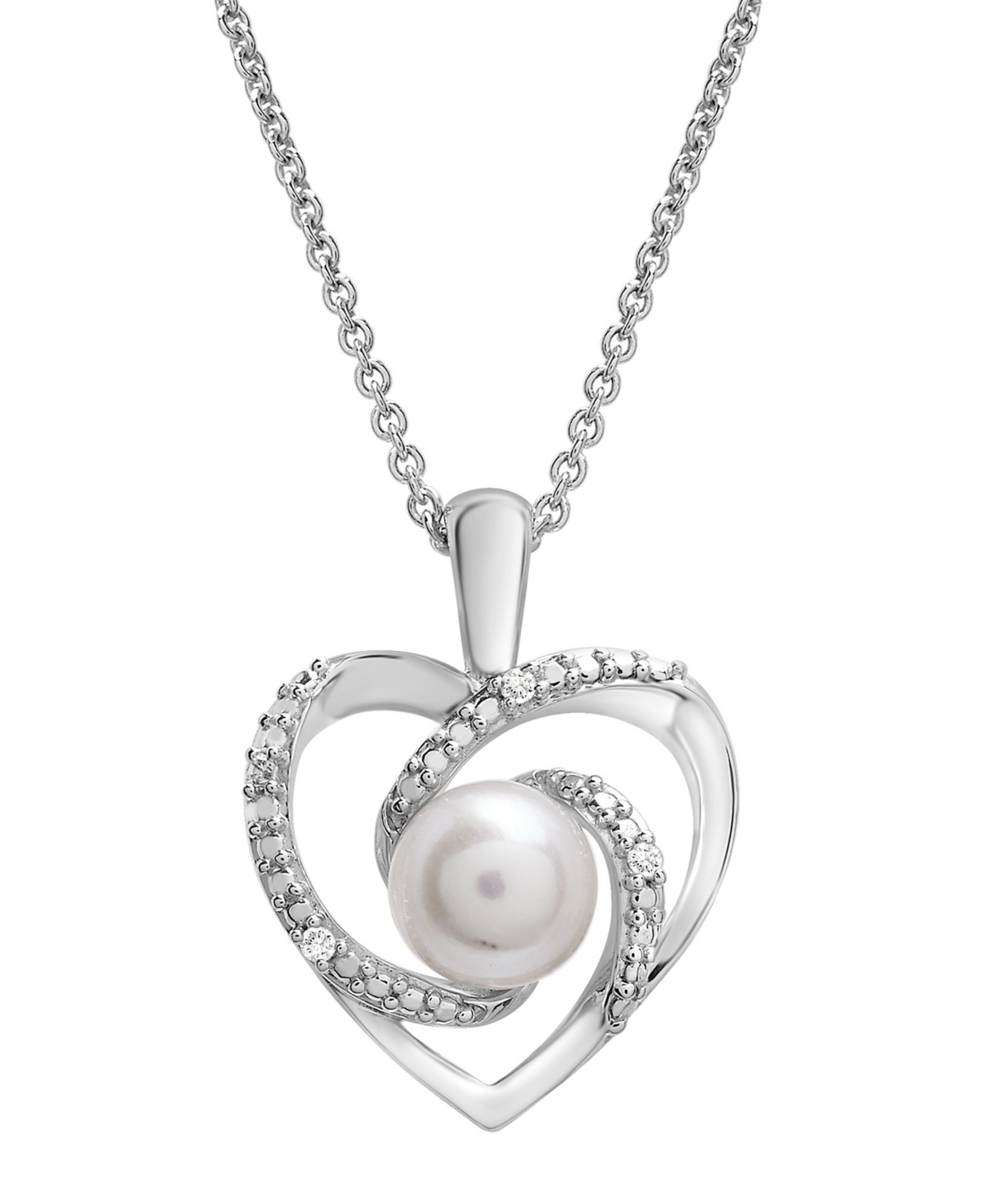 Подвеска-ожерелье Macy's Cultured Freshwater Pearl (6mm) & Diamond Accent Swirl Heart 18" в Sterling Silver