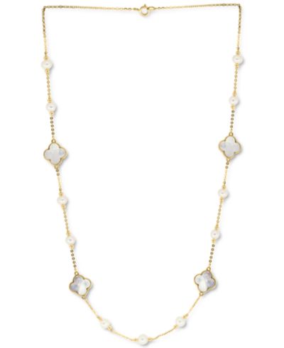 EFFY® Mother-of-Pearl & Freshwater Pearl (4-1/2mm) 18" Necklace in 14k Gold