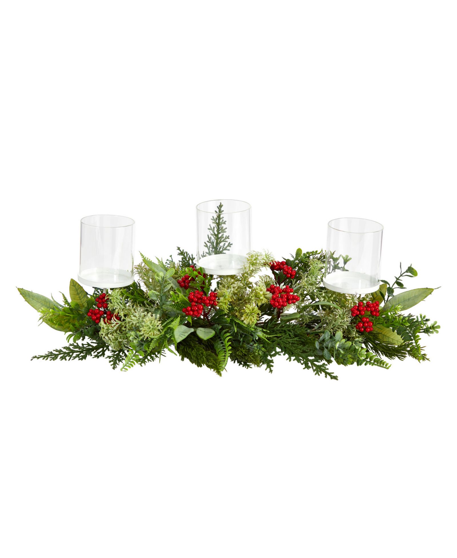 Nearly Natural Holiday Winter Greenery and Berries Triple Candle Holder Artificial Christmas Table Arrangement, 20"