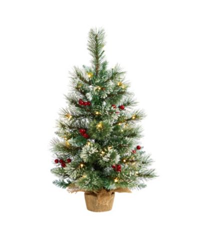 Nearly Natural Snow Tipped Pine and Berry Artificial Christmas Tree with 35 Warm LED Lights in Burlap Base, 2'