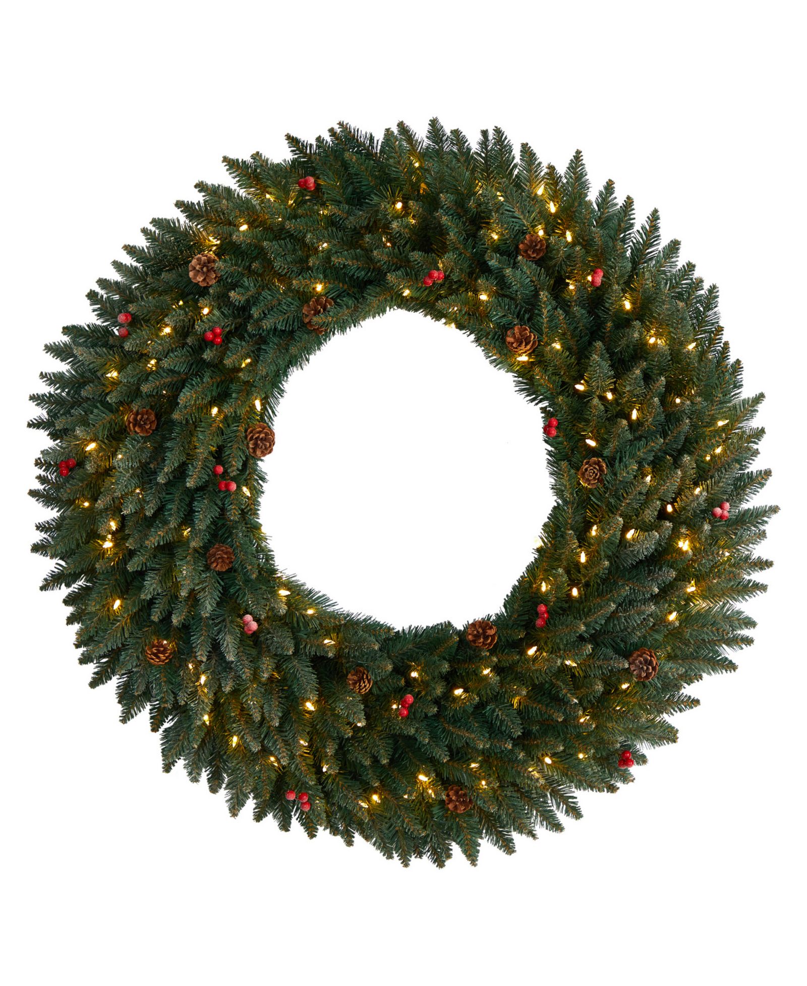 Large Flocked Artificial Christmas Wreath with Pinecones, Berries, 150 Clear LED Lights and 400 Bendable Branches, 4'