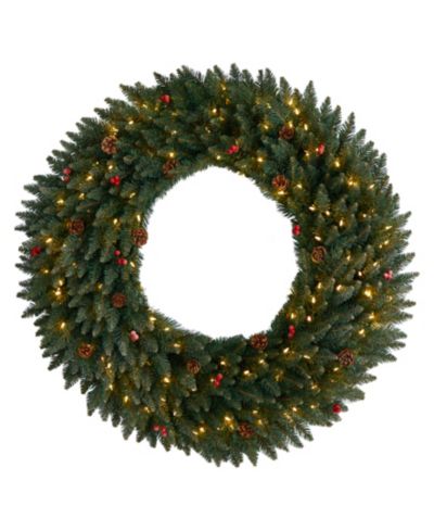 Large Flocked Artificial Christmas Wreath with Pinecones, Berries, 150 Clear LED Lights and 400 Bendable Branches, 4'