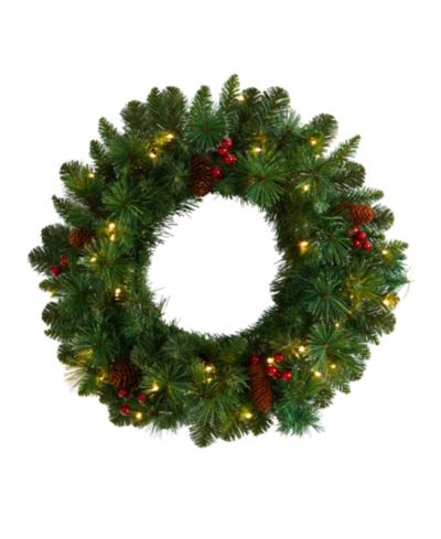 Frosted Pine Artificial Christmas Wreath with Pinecones, Berries and 35 Warm LED Lights, 20"