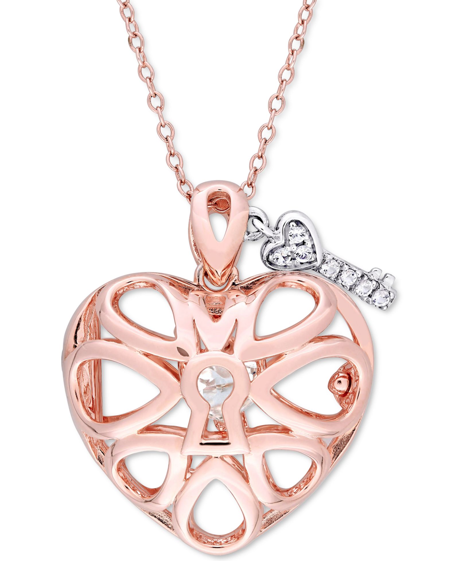 Подвеска-кулон White Topaz Heart Lock & Key 18" в серебре и 18k Rose Gold-Plate