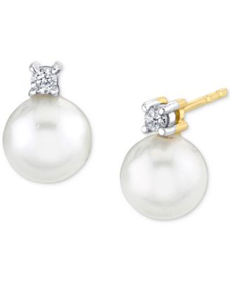 Macy's Серьги-гвоздики с натуральным жемчугом и бриллиантами, 14k Gold