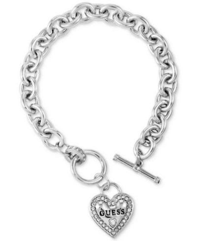 GUESS Silver-Tone Pavé Logo Heart Link Bracelet