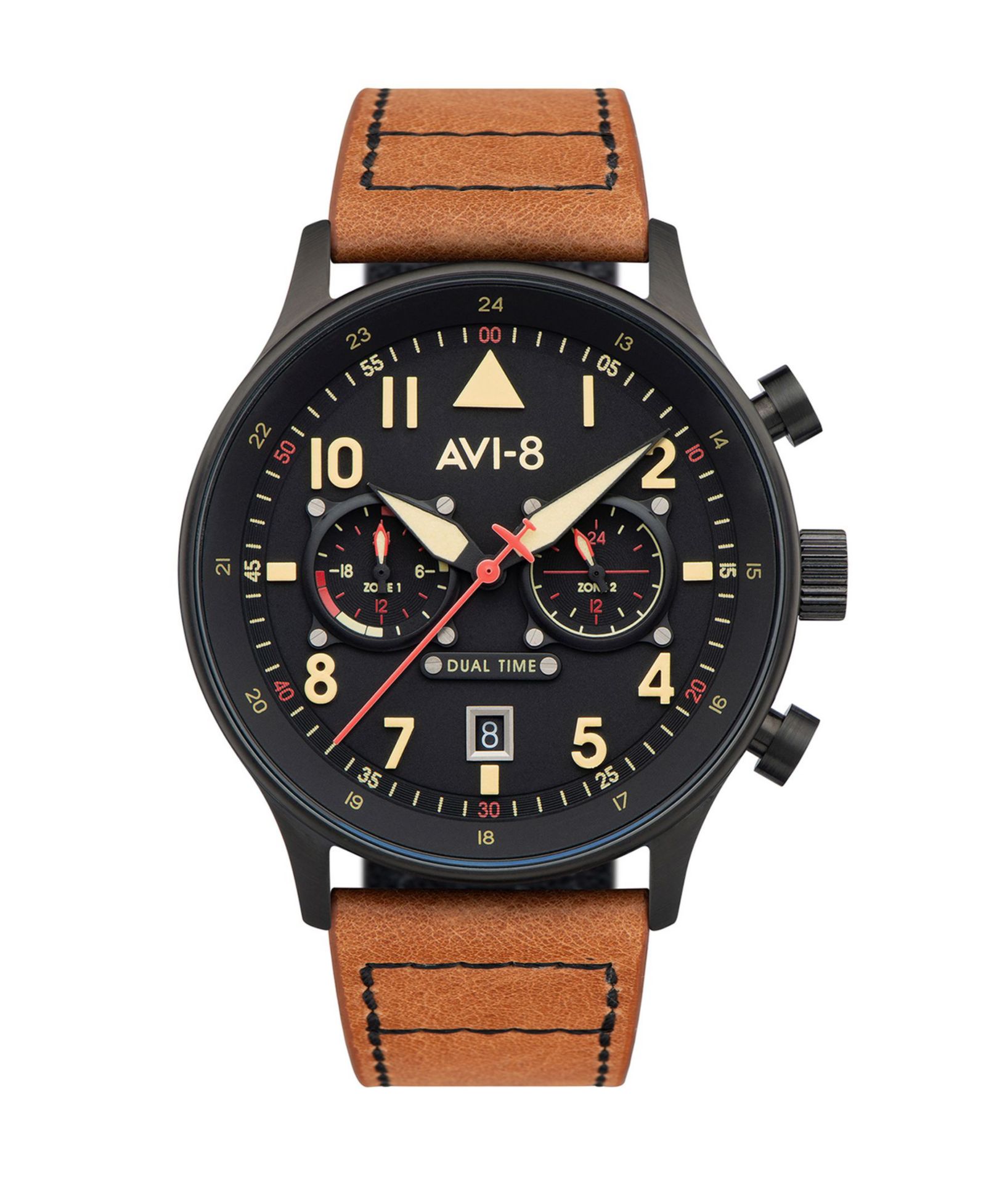 Часы AVI-8 Men's Hawker Hurricane Carey Dual Time Debden Brown Genuine Leather Strap 43mm