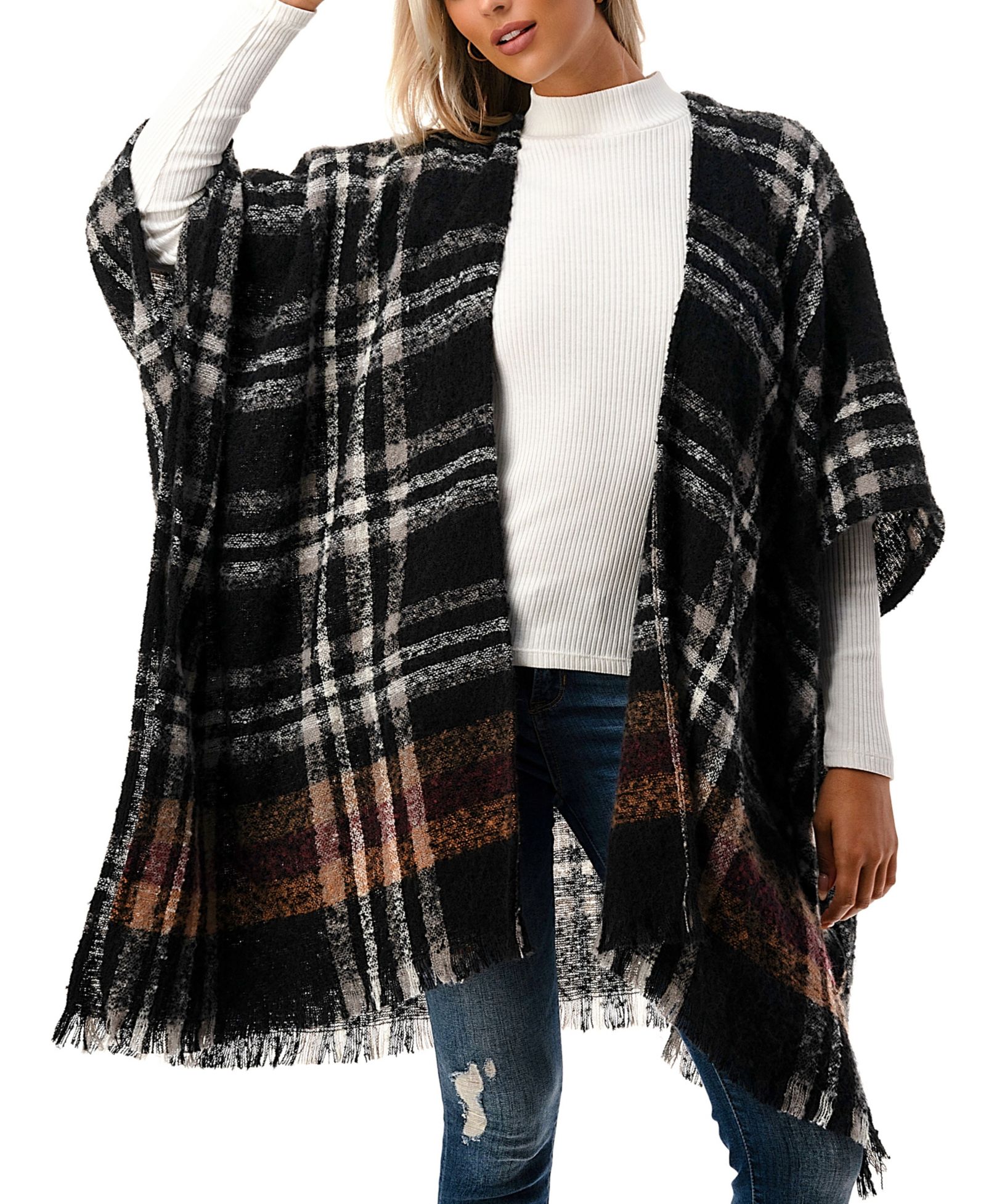 Женская кимоно Marcus Adler Open-Front Plaid Fringe-Trim