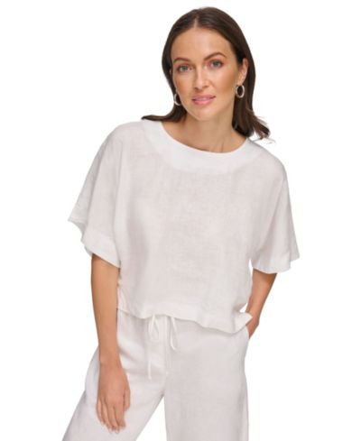 DKNY Women's Linen Drop Shoulder 100% Linen Top