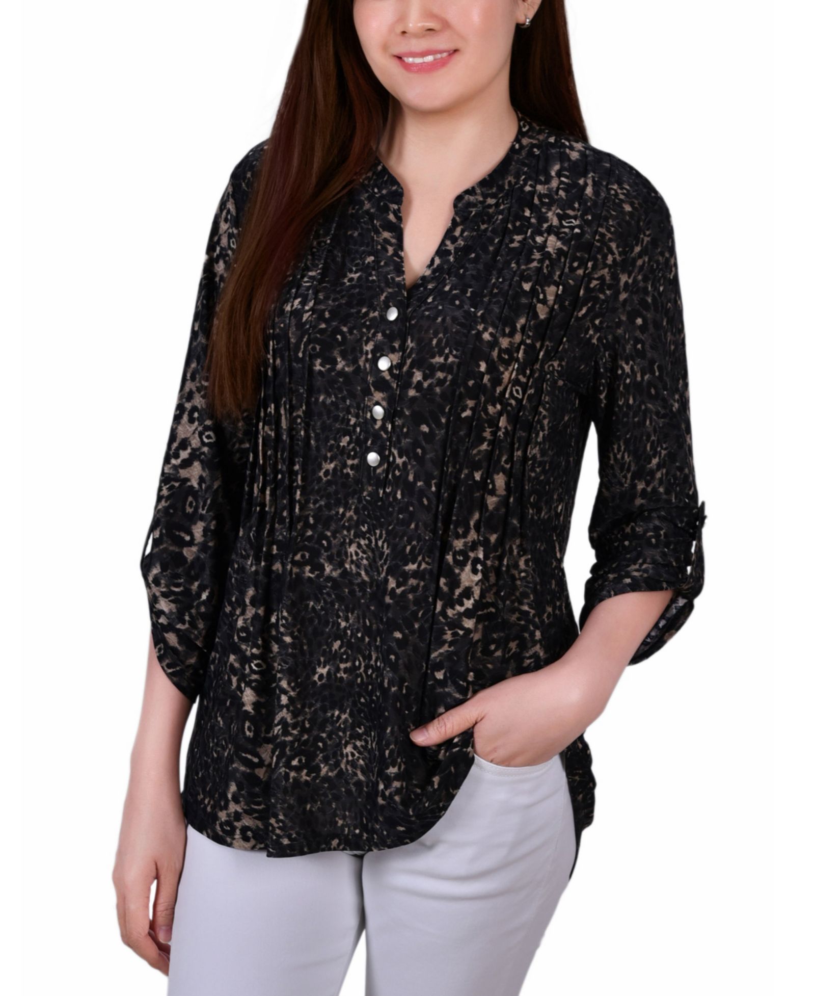 NY Collection Petite Pintuck Roll Tab Sleeve Top